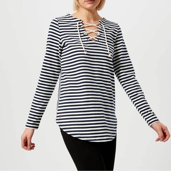 Joules Women's Lacey Lace Front Sweatshirt - French Navy Stripe SZ 6 - Picture 1 of 7